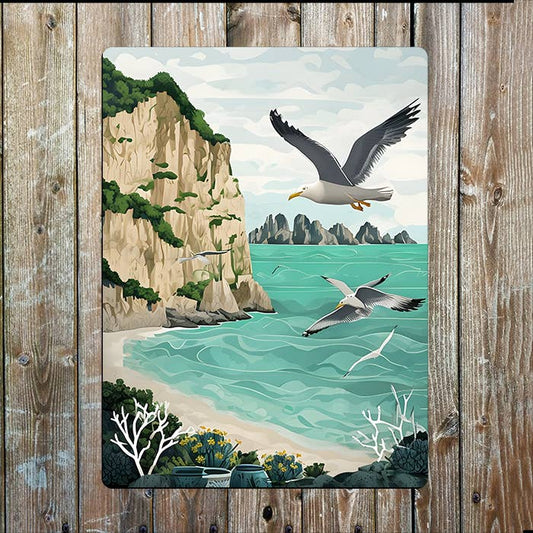 Travel Poster Coast Cliff Seagulls Beach | Metal Sign Plaque