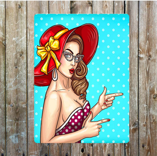 Pin Up Girl Polka Dot Dress Sun Hat Metal Sign Plaque