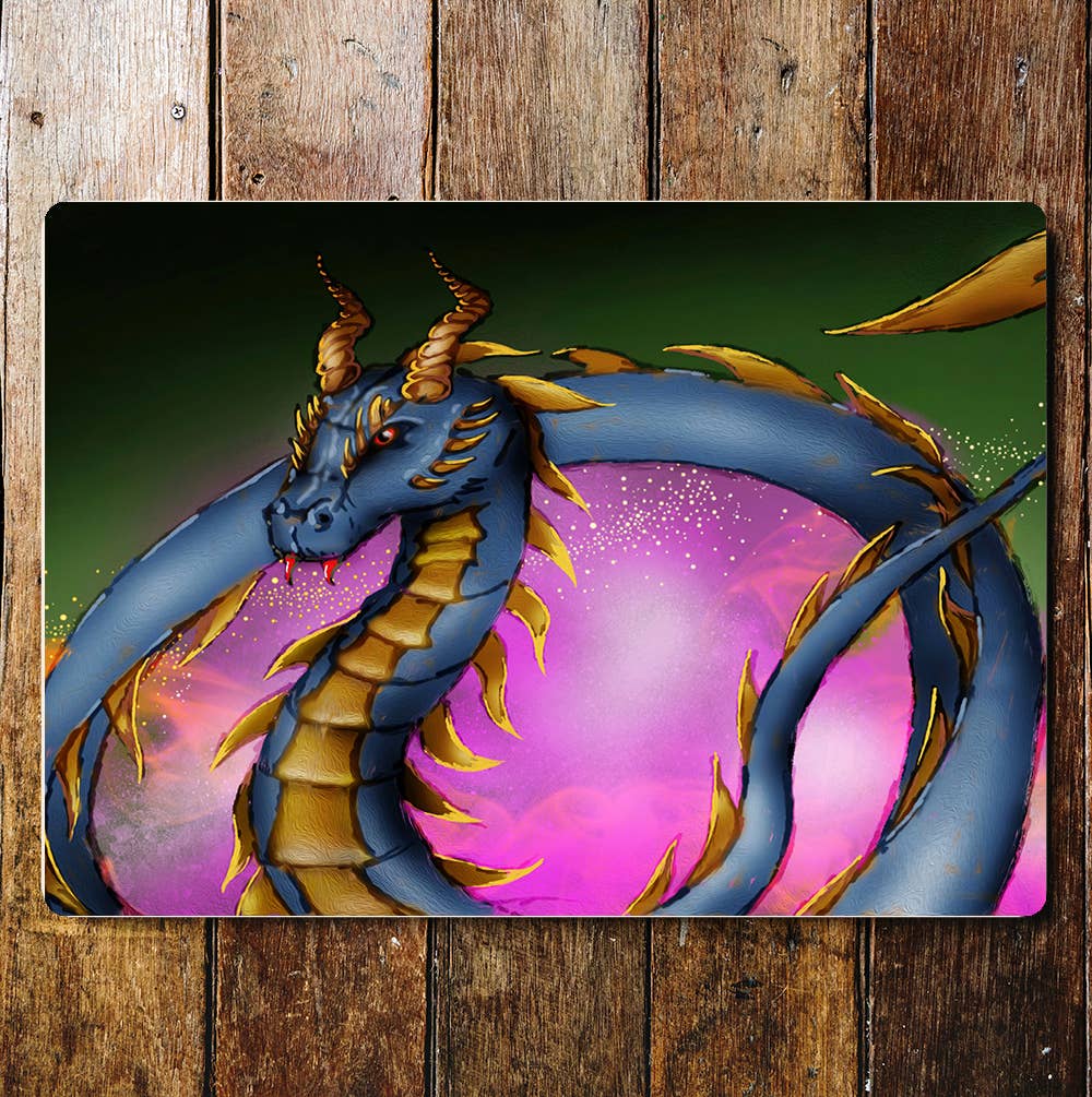 Dragon Blue Gold Mystical Pink | Metal Sign Plaque