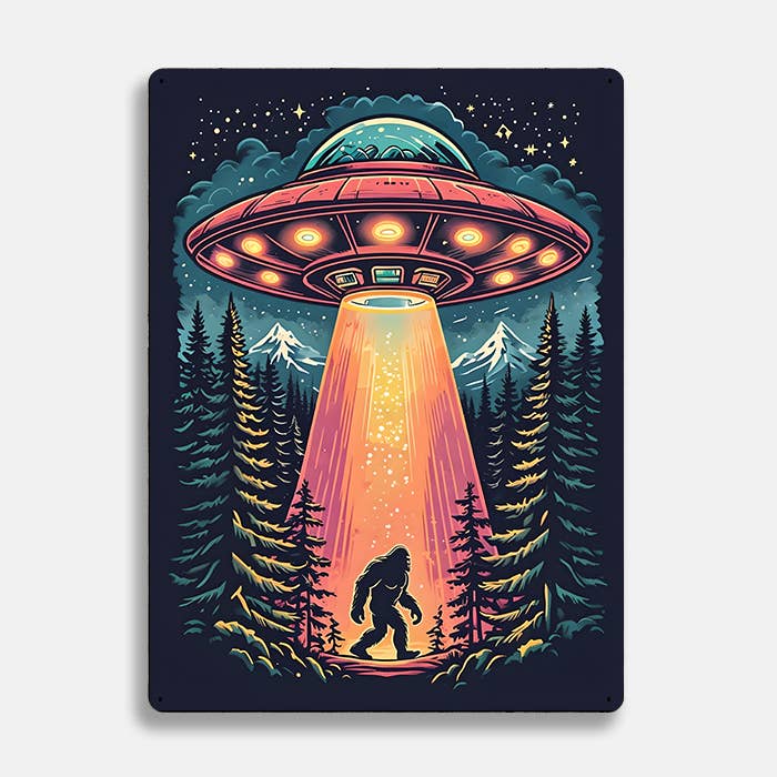 Retro UFO Abduction Bigfoot Alien | Metal Sign Plaque
