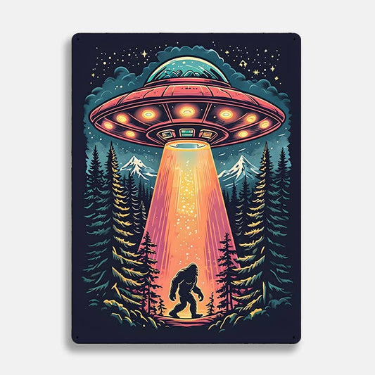 Retro UFO Abduction Bigfoot Alien | Metal Sign Plaque