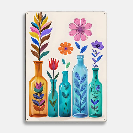 Colorful Bottles Flowers scandinavian folk | Metal Sign Plaque
