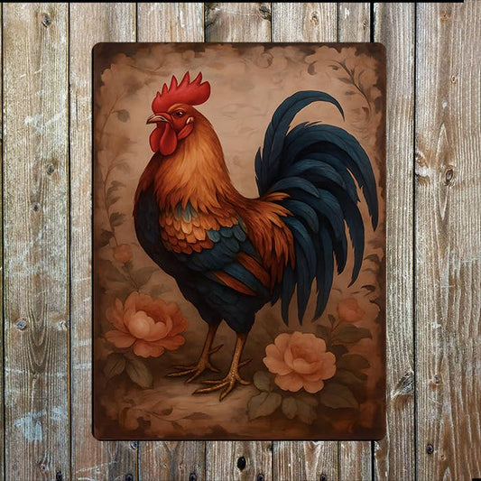 Vintage Rooster With Flowers | Farmhouse | Metal Sign Plaque