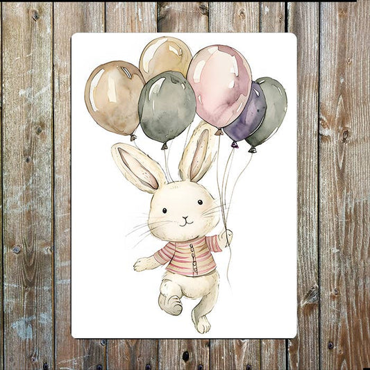 Bunny Floating With Colorful Balloons | Metal Sign Plaque