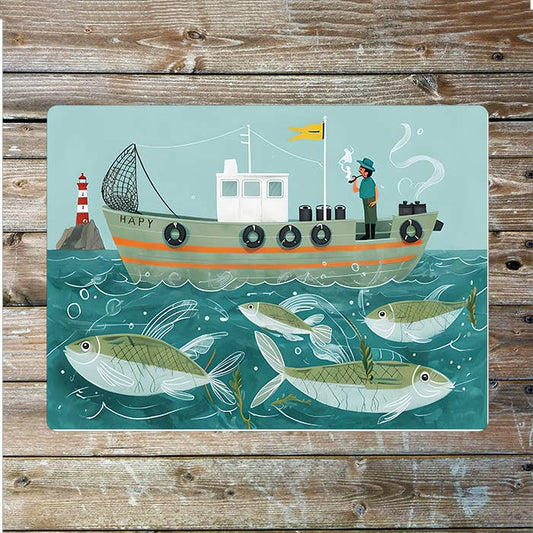 Fishing Scene Fish Boat Sea Nautical | Metal Sign Plaque