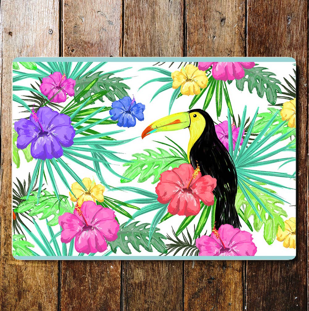 Toucan Bird Tropical Flowers Metal Sign Plaque