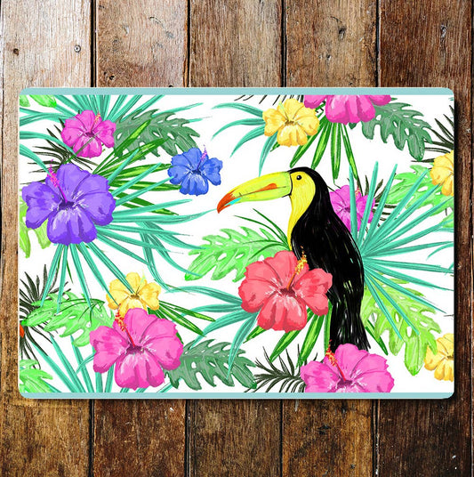 Toucan Bird Tropical Flowers Metal Sign Plaque
