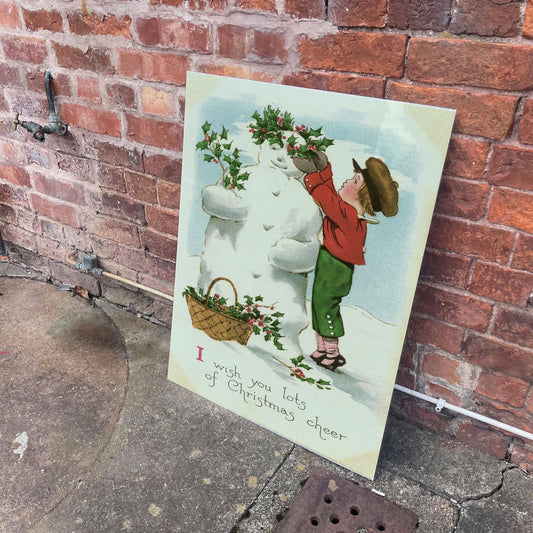 Vintage Christmas Wishes Cheers Snowman | Metal Wall Sign