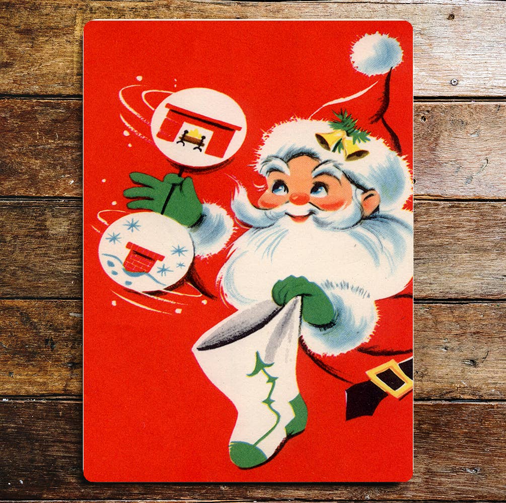 Santa Stocking Chimney Fireplace Red Metal Wall Sign