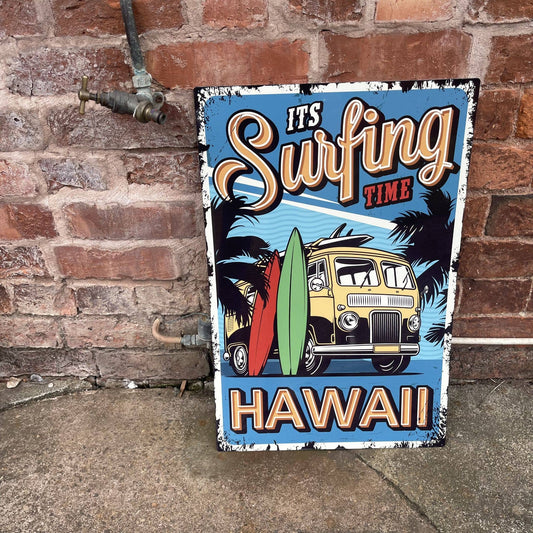 Surfing Time Hawaii Metal Retro Wall Sign
