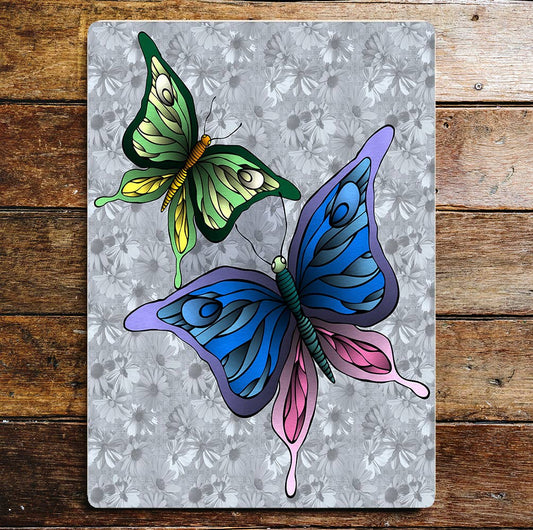 Blue Green Pink Butterflies Grey Flower | Metal Sign Plaque