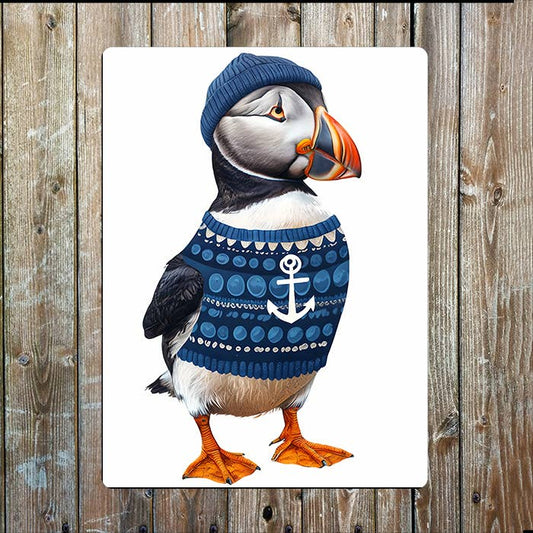 Puffin Wearing Sweater Sailor Sea Nautical Metal Sign Plaque