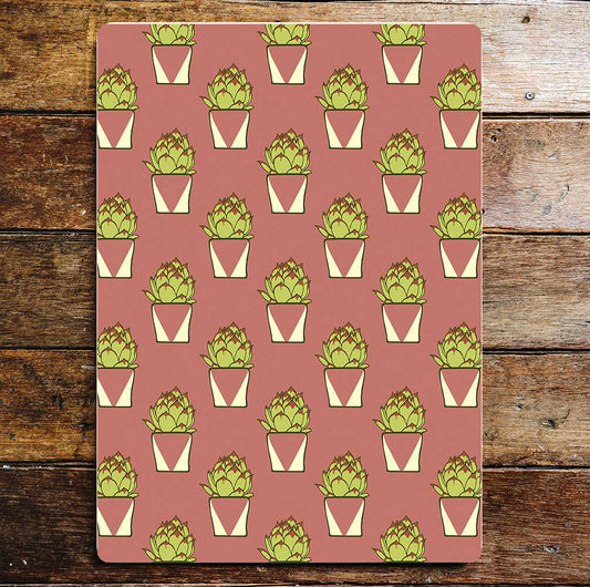 Plant In Pot Pattern Pink And Green Metal Sign Plaque