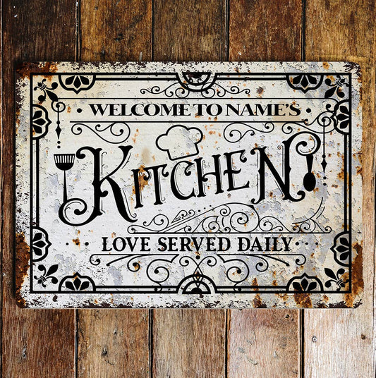 Welcome To Name Kitchen Love Served | Metal Wall Sign Plaque
