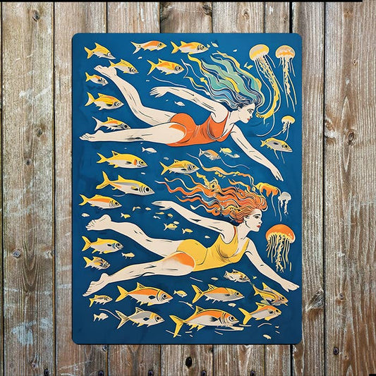 Women Swimming With Fish Sea Nautical | Metal Sign Plaque