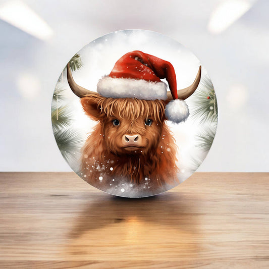 Highland cow in santa hat Christmas Circle Metal Sign