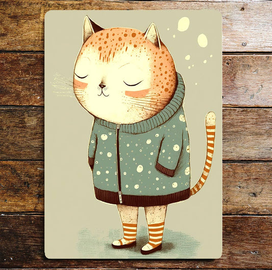 Cute Cat Stripy Socks Spotty Coat | Metal Sign Plaque