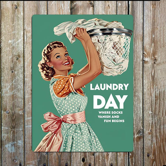 Laundry Day Fun Begins Vintage Retro | Metal Sign Plaque