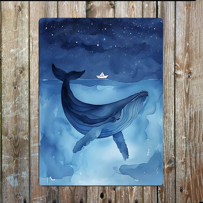 Watercolor Whale Night Boat Sea Nautical | Metal Sign Plaque