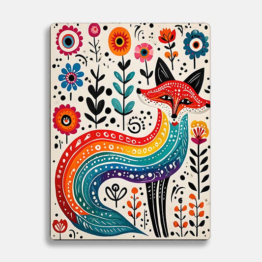 Fox Rainbos Flowers scandinavian folk | Metal Sign Plaque