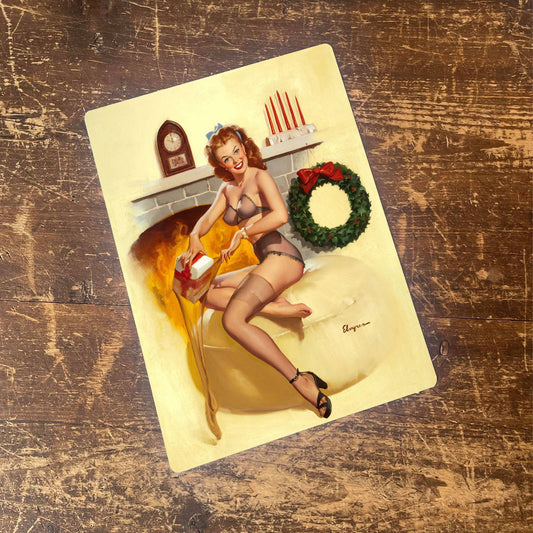 Pin Up Girl Christmas Presents Stocking Metal Sign