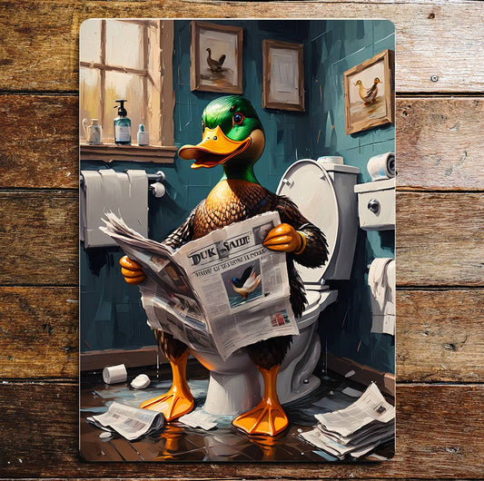 Duck on the Toilet Newspaper funny | Metal Sign Plaque