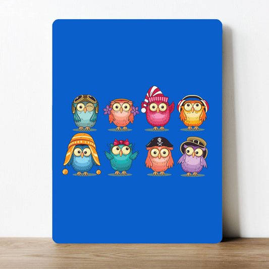 Cartoon Owls in Hats | Metal Sign Plaque