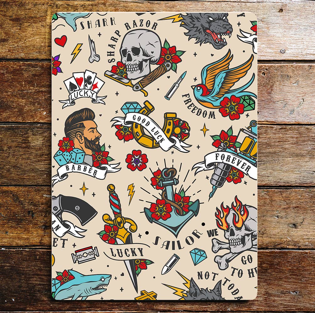 Tattoo Sailor Skull Hearts Flowers Metal Wall Sign
