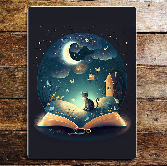 Cat on Book Night Sky Moon | Metal Wall Sign