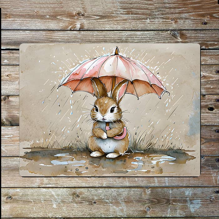 Rabbit Umbrella Rain Watercolour Spring Metal Sign Plaque