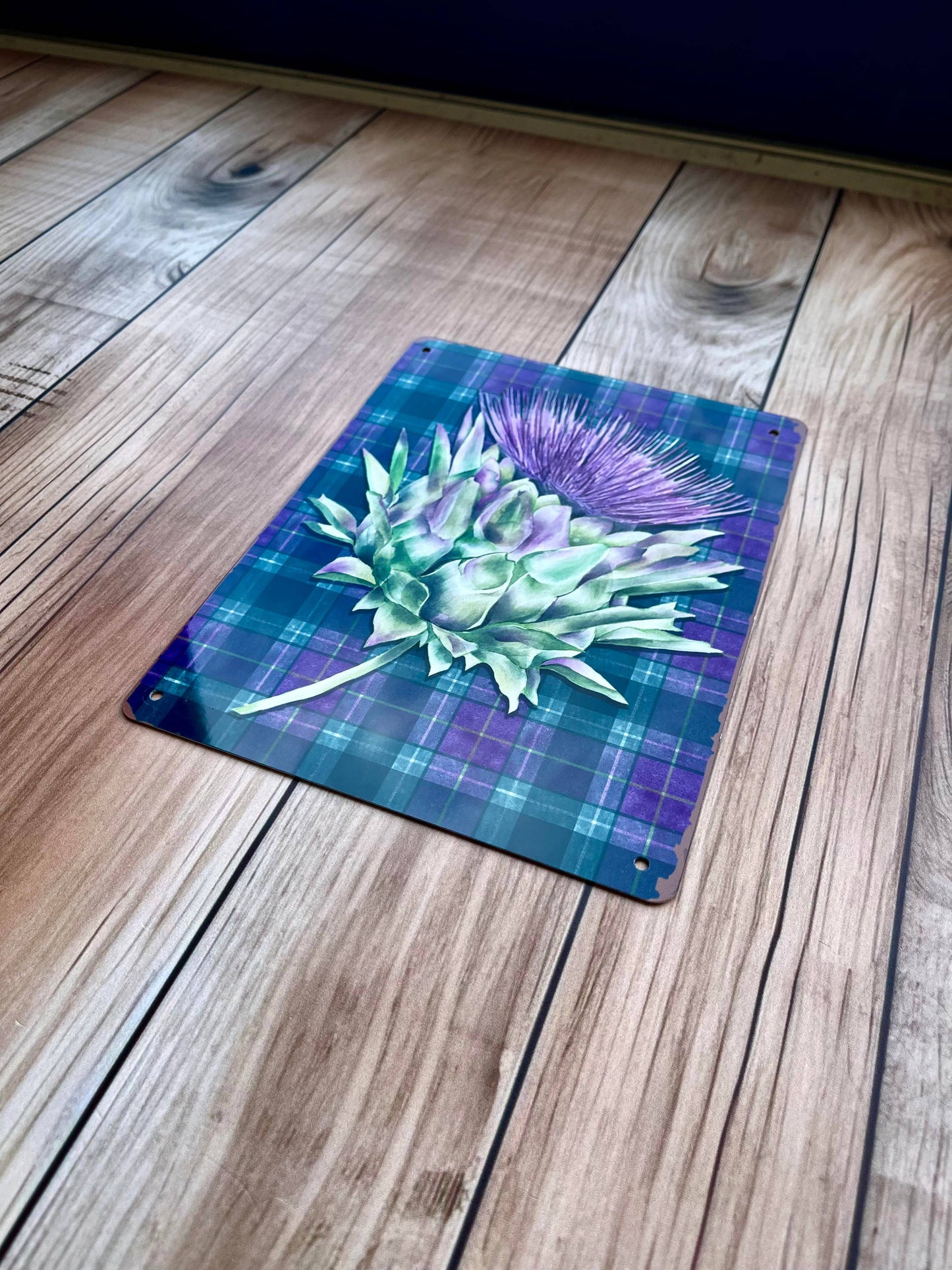 Scotland Thistle Purple Tartan Art Metal Sign Plaque