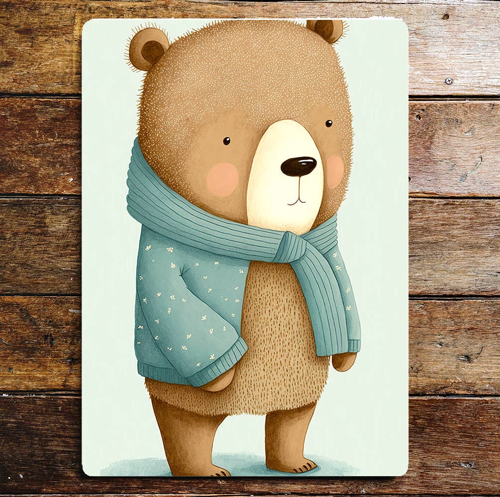 Cute Bear Blue Cardigan Scarf Rosy Cheeks | Metal Sign Plaque