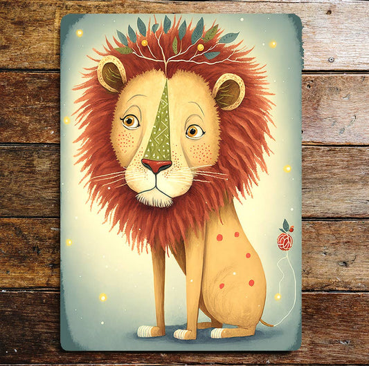 Cute Lion Portrait Mane Spots Leaves | Metal Sign Plaque