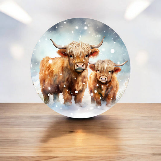 Winter Highland Cows Cattle Snow Circle Metal Sign