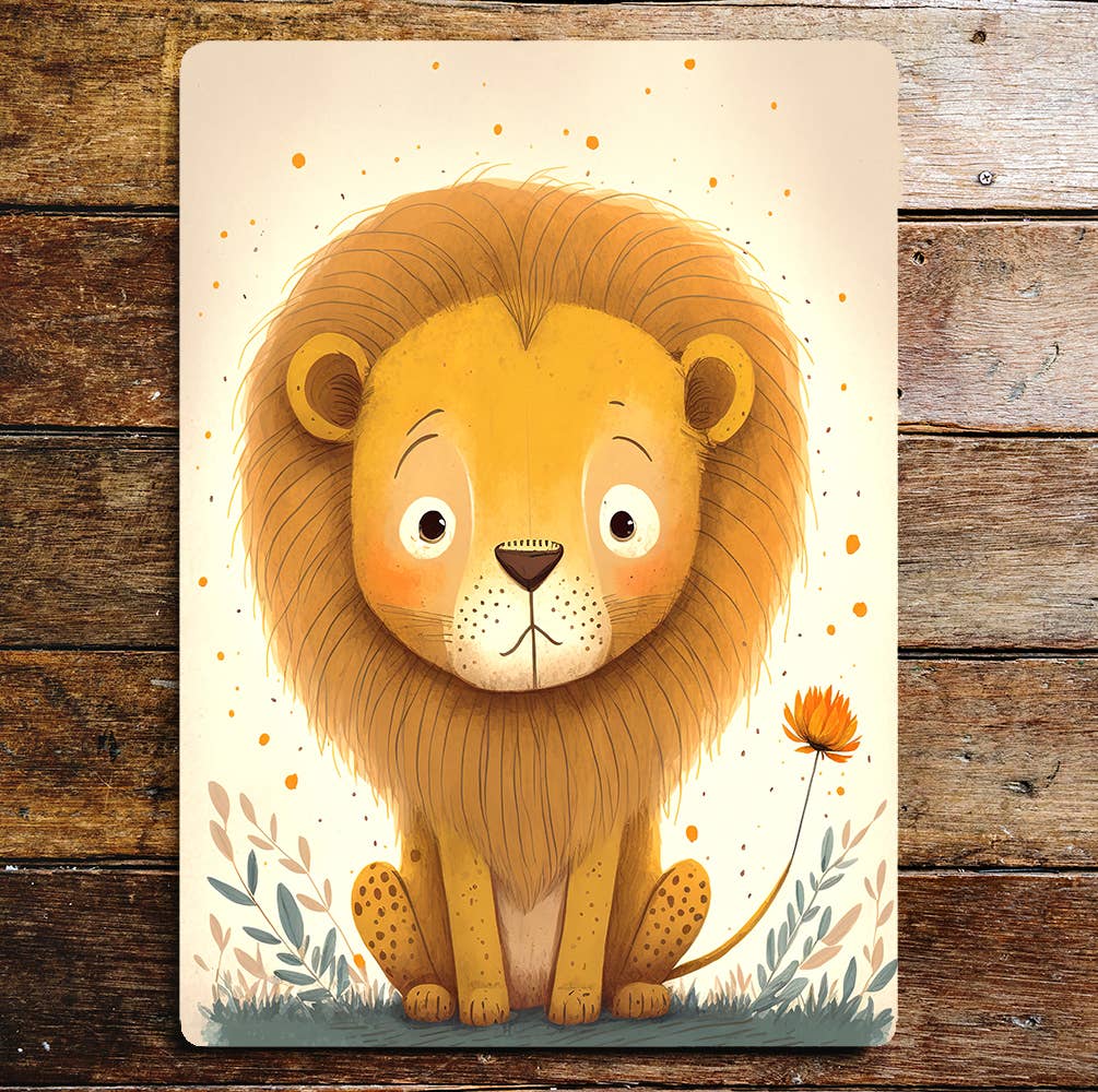 Lion Cub Flowers Cute Illustration | Metal Sign Plaque