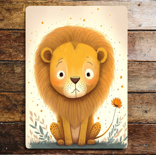 Lion Cub Flowers Cute Illustration | Metal Sign Plaque