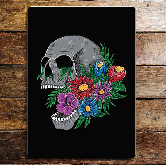 Screaming Skull Flowers Metal Wall Sign