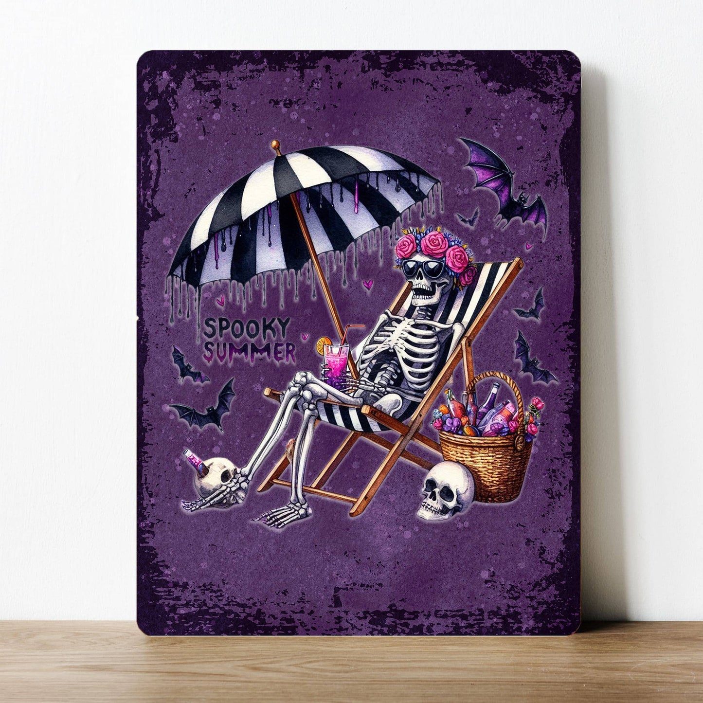 Spooky Summer Sunbathe Skeleton Metal Sign Plaque