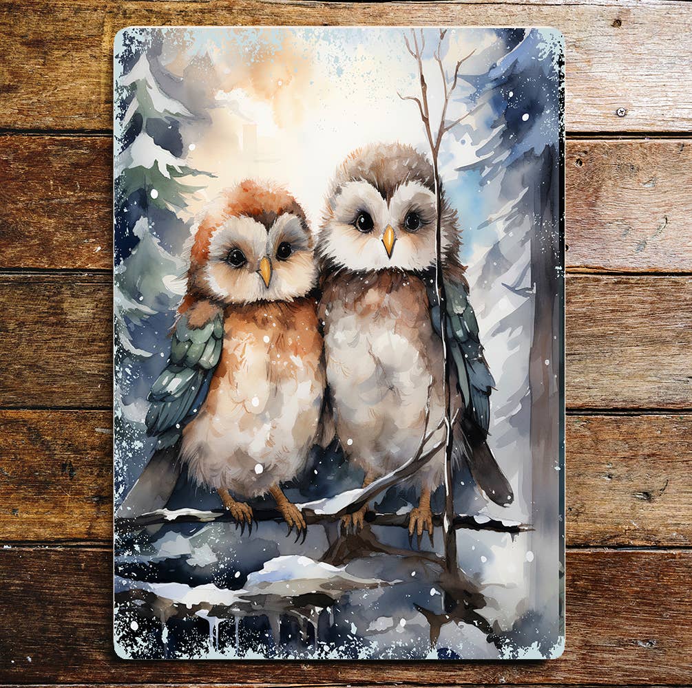 Owl Cuddles Winter Wall Art Lifestyle | Metal Sign Plaque