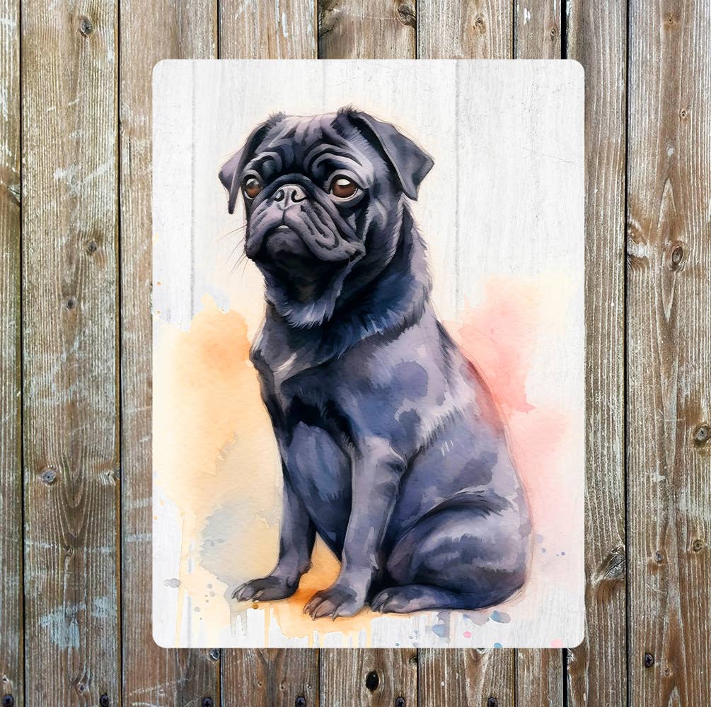 Sitting Black Pug Watercolour Splash Metal Sign Plaque