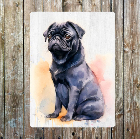 Sitting Black Pug Watercolour Splash Metal Sign Plaque