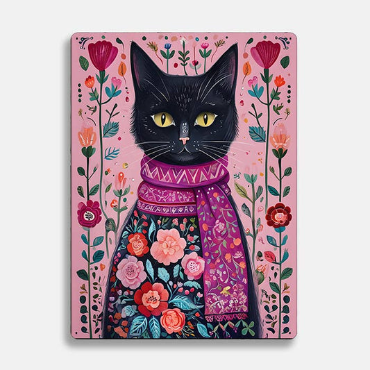 Black Cat Scarf Pink scandinavian folk | Metal Sign Plaque