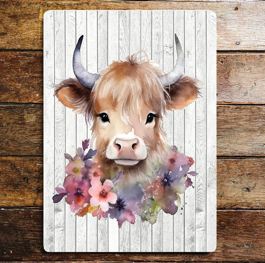 Baby Calf Highland Wild Flowers Art | Metal Sign Plaque