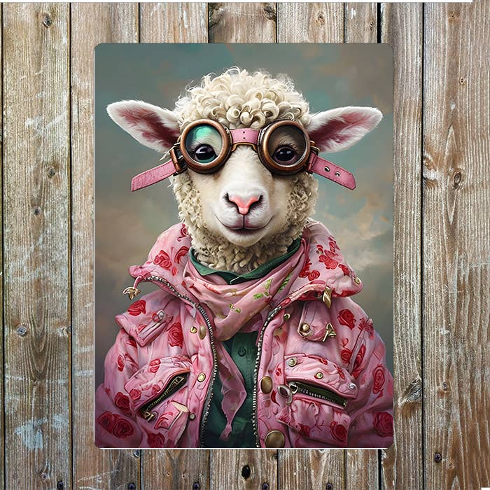 Lamb In Stylish Attire Clothes Pink | Metal Sign Plaque
