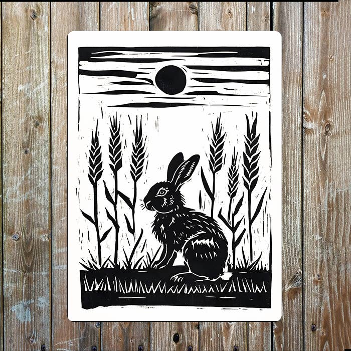 Rabbit And Plants Linocut Style Metal Sign Plaque
