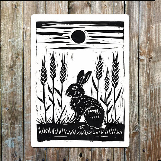 Rabbit And Plants Linocut Style Metal Sign Plaque