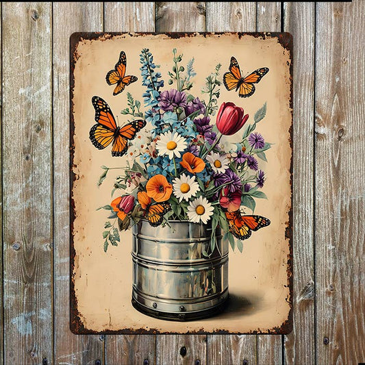 Vibrant Flowers And Monarch Butterflies | Metal Sign Plaque