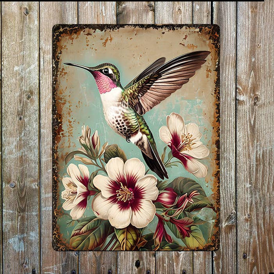 Vintage Floral Ornate Flower Hummingbird | Metal Sign Plaque