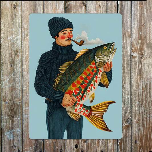 Folk Man Big Fish Seaside Sea Nautical | Metal Sign Plaque