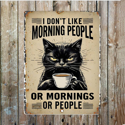 I Don't Like Morning People Or Cat Coffee | Metal Sign Plaque